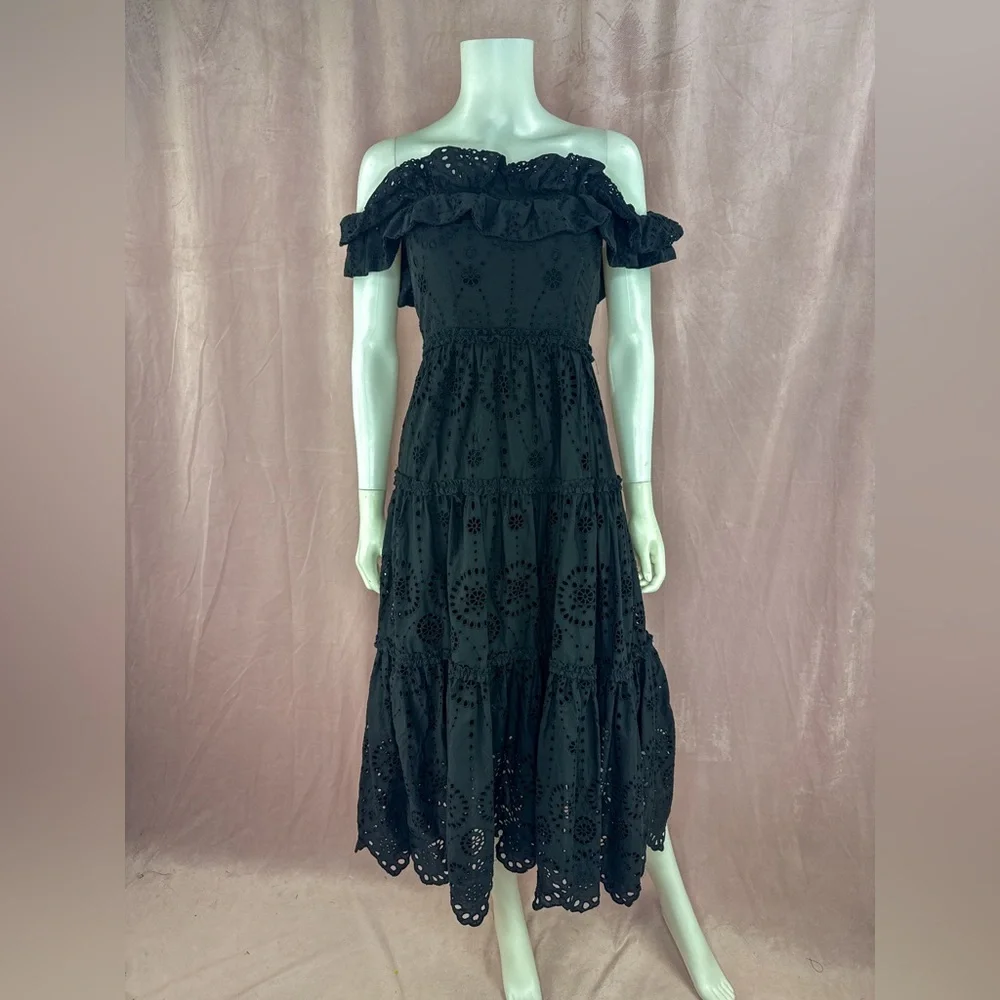 Zara Womens 100% Cotton Black Floral Eyelet Maxi Dress Size XS Off The Shoulder - Picture 1 of 8